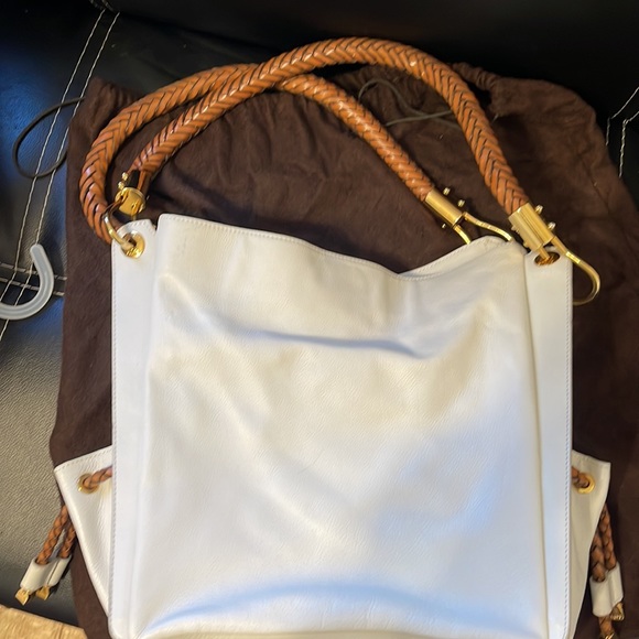 Michael Kors Skorpios White W/Brown Braided Handle Leather Shoulder Bag - Picture 2 of 9